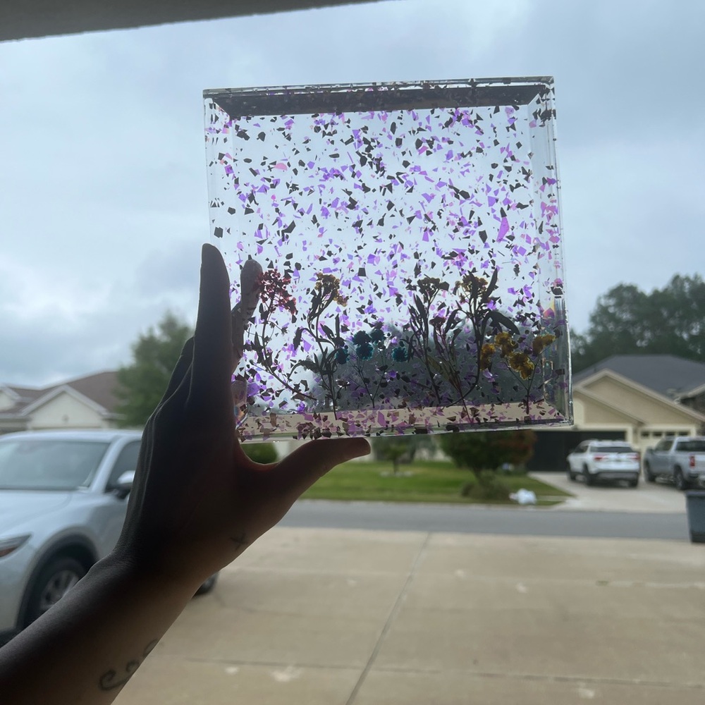 Custom handmade tray with real dried pressed flowers inside